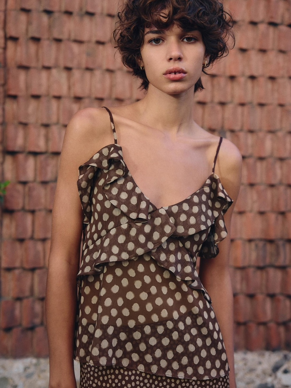 Zara Brown Polka Dot Ruffle Cami - Small